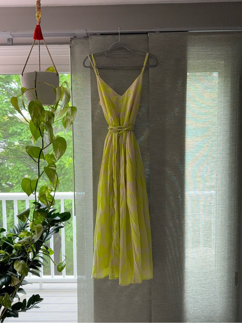 GAP Neon Yellow V-Neck Maxi Dress with Waist Tie